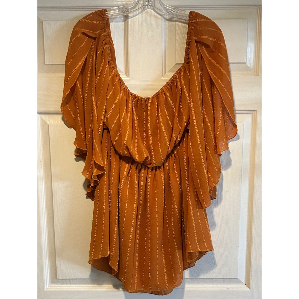 Bohemian / Boho-Chic:Peasant Womens Off Shoulder Flutter Sleeve Blouse Rust Gold